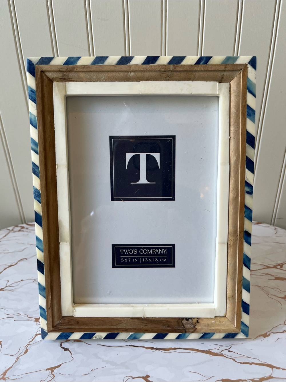 TWO’S COMPANY SANTORINI BONE INLAY PHOTO FRAME | BLUE & WHITE | 5x7 | NEW